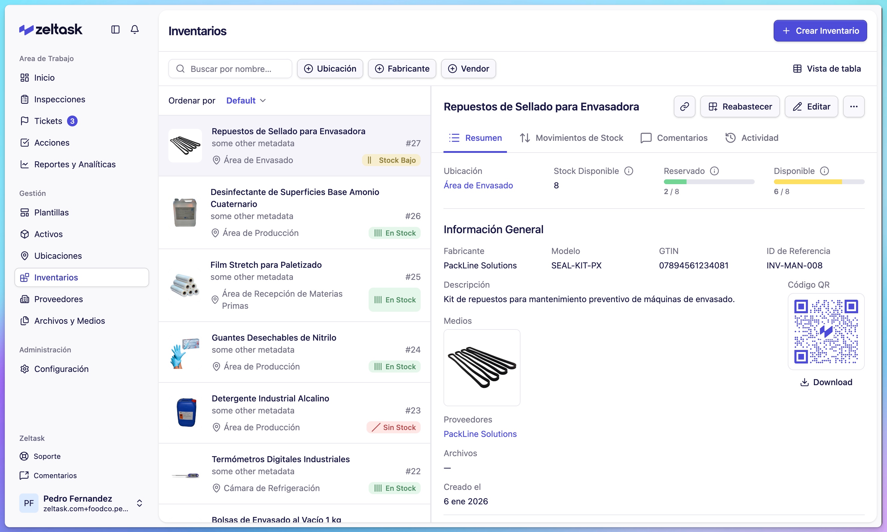 Inventory list showing parts with stock levels, storeroom location, and reorder status